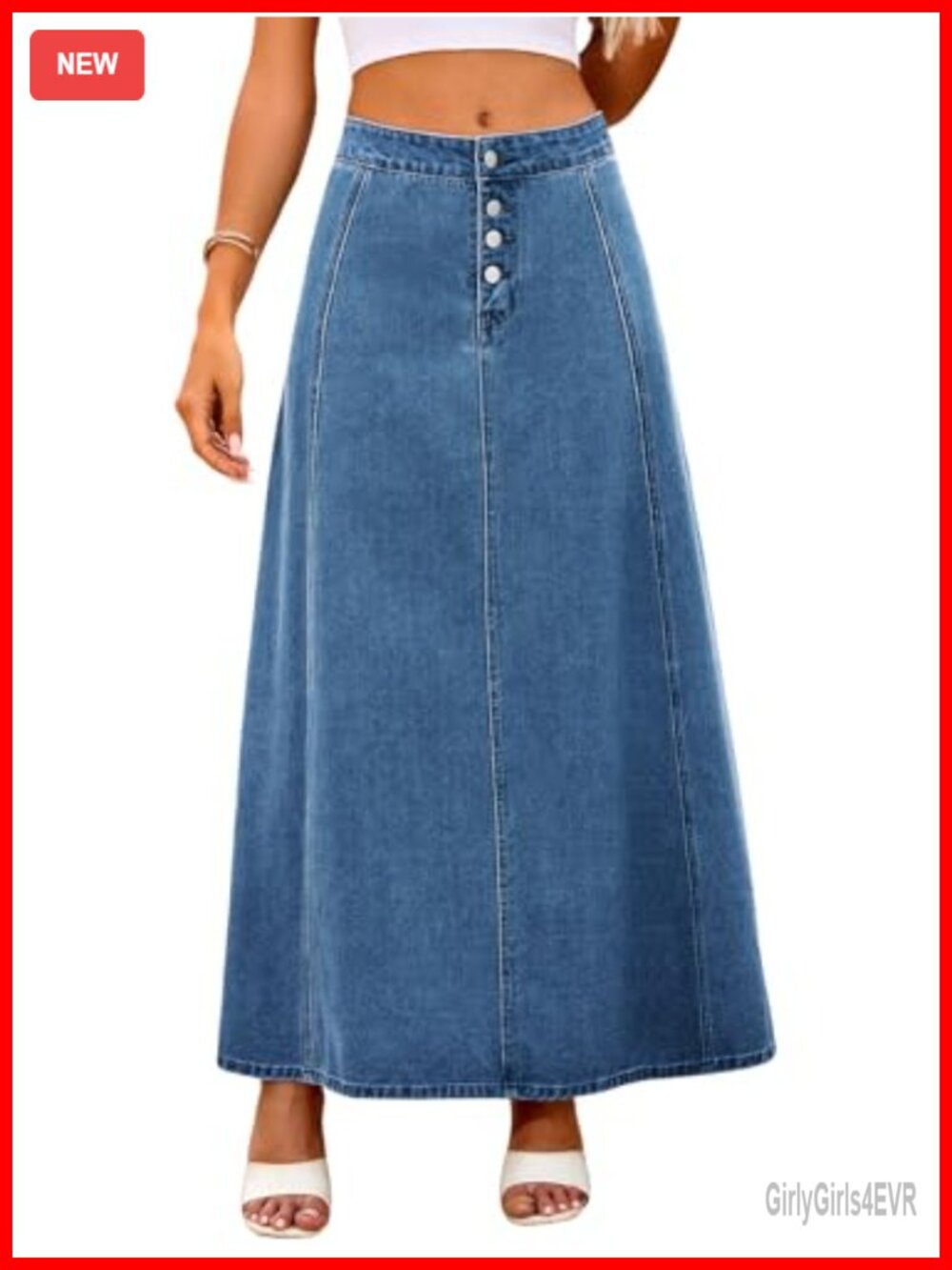 High Waist Denim Maxi Skirt A-Line Flare Stretch with Pockets